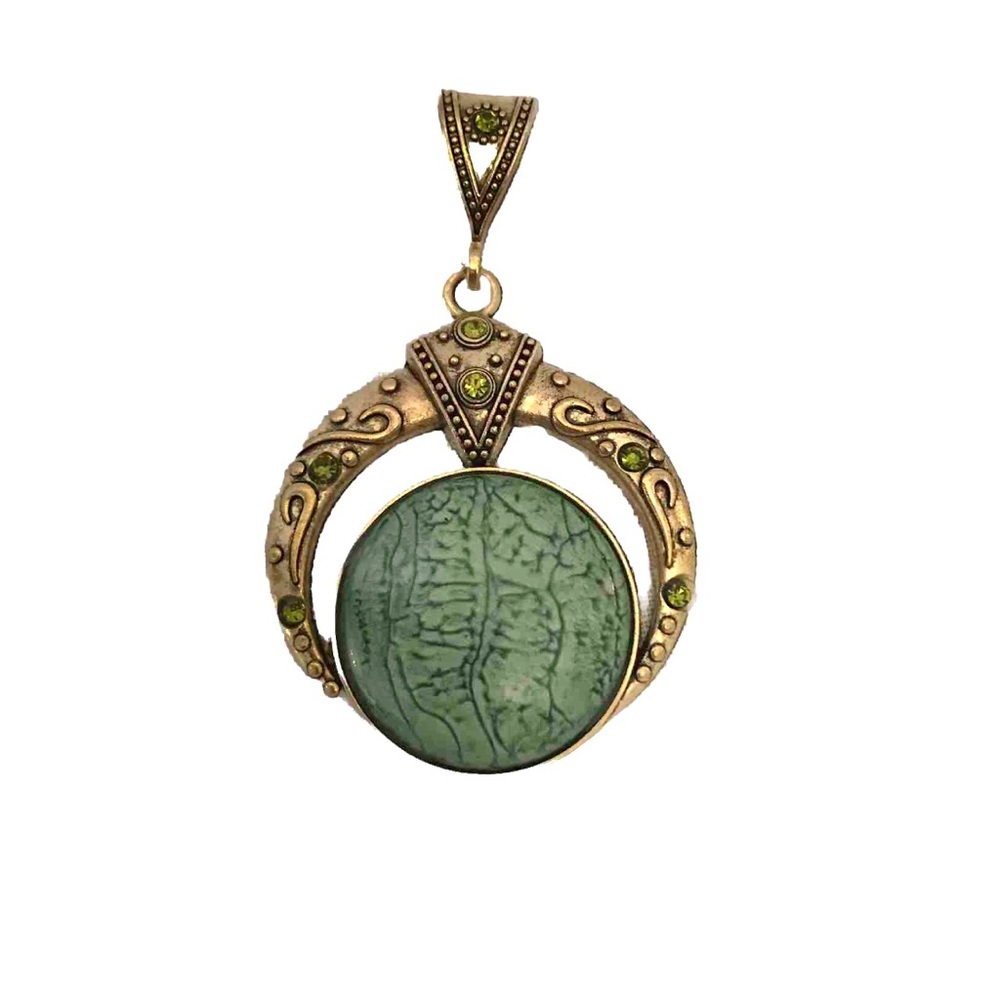 Large Pendant with green stone insert. 2” wide. New.